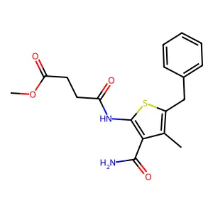Methyl 4-[(5-benzyl-3-carbamoyl-4-methylthiophen-2-yl)amino]-4-oxobutanoate structure
