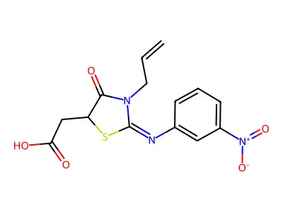 (E)-2-(3-allyl-2-((3-nitrophenyl)imino)-4-oxothiazolidin-5-yl)acetic acid structure