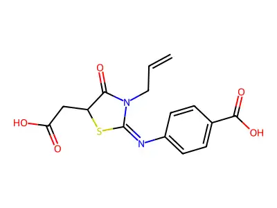 (E)-4-((3-allyl-5-(carboxymethyl)-4-oxothiazolidin-2-ylidene)amino)benzoic acid structure