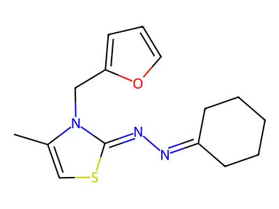 (E)-N-(cyclohexylideneamino)-3-(furan-2-ylmethyl)-4-methyl-1,3-thiazol-2-imine structure
