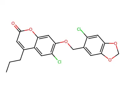 6-chloro-7-[(6-chloro-1,3-benzodioxol-5-yl)methoxy]-4-propyl-2H-chromen-2-one structure