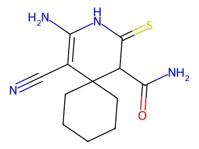 4-Amino-5-cyano-2-thioxo-3-azaspiro[5.5]undec-4-ene-1-carboxamide structure