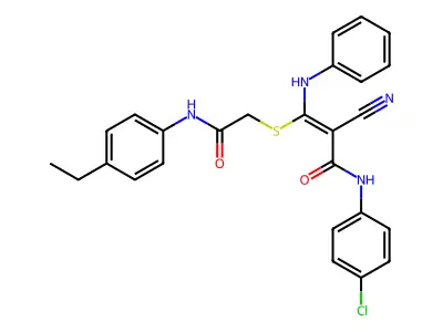 (Z)-3-anilino-N-(4-chlorophenyl)-2-cyano-3-[2-(4-ethylanilino)-2-oxoethyl]sulfanylprop-2-enamide structure