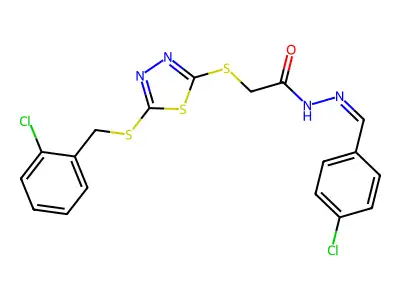 N-[(E)-(4-chlorophenyl)methylideneamino]-2-[[5-[(2-chlorophenyl)methylsulfanyl]-1,3,4-thiadiazol-2-yl]sulfanyl]acetamide structure
