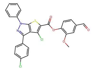 (4-formyl-2-methoxyphenyl) 4-chloro-3-(4-chlorophenyl)-1-phenylthieno[2,3-c]pyrazole-5-carboxylate structure