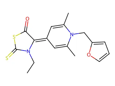 3-ethyl-4-(1-(furan-2-ylmethyl)-2,6-dimethylpyridin-4(1H)-ylidene)-2-thioxothiazolidin-5-one structure