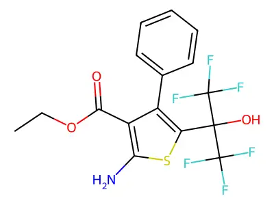 ethyl 2-amino-5-(1,1,1,3,3,3-hexafluoro-2-hydroxypropan-2-yl)-4-phenylthiophene-3-carboxylate structure