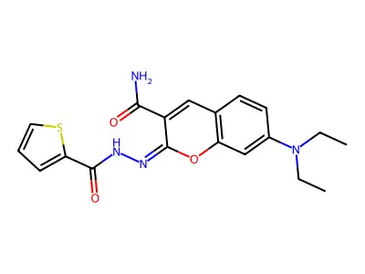 (2E)-7-(diethylamino)-2-{[(thiophen-2-yl)formamido]imino}-2H-chromene-3-carboxamide structure