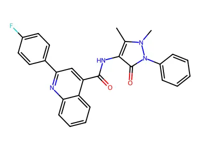 N-(1,5-dimethyl-3-oxo-2-phenylpyrazol-4-yl)-2-(4-fluorophenyl)quinoline-4-carboxamide structure