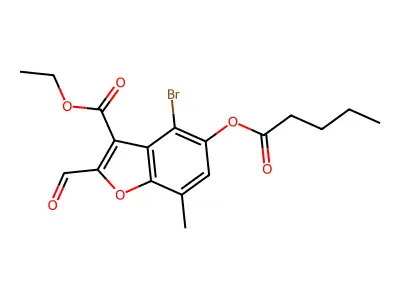 Ethyl 4-bromo-2-formyl-7-methyl-5-pentanoyloxy-1-benzofuran-3-carboxylate structure