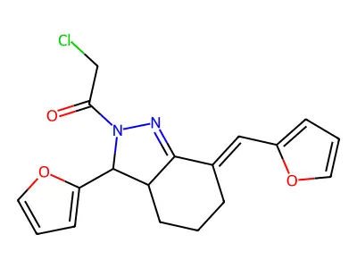 2-chloro-1-[3-(furan-2-yl)-7-(furan-2-ylmethylidene)-3,3a,4,5,6,7-hexahydro-2H-indazol-2-yl]ethan-1-one structure