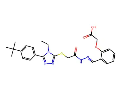 (Z)-2-(2-((2-(2-((5-(4-(tert-butyl)phenyl)-4-ethyl-4H-1,2,4-triazol-3-yl)thio)acetyl)hydrazono)methyl)phenoxy)acetic acid structure
