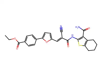 (E)-ethyl 4-(5-(3-((3-carbamoyl-4,5,6,7-tetrahydrobenzo[b]thiophen-2-yl)amino)-2-cyano-3-oxoprop-1-en-1-yl)furan-2-yl)benzoate structure