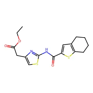ethyl {2-[(4,5,6,7-tetrahydro-1-benzothien-2-ylcarbonyl)amino]-1,3-thiazol-4-yl}acetate structure