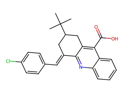 2-tert-butyl-4-[(4-chlorophenyl)methylidene]-1,2,3,4-tetrahydroacridine-9-carboxylic acid structure