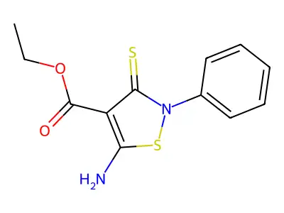 Ethyl 5-amino-2-phenyl-3-sulfanylidene-2,3-dihydro-1,2-thiazole-4-carboxylate structure