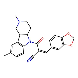 3-(1,3-benzodioxol-5-yl)-2-(2,8-dimethyl-3,4,4a,9b-tetrahydro-1H-pyrido[4,3-b]indole-5-carbonyl)prop-2-enenitrile structure