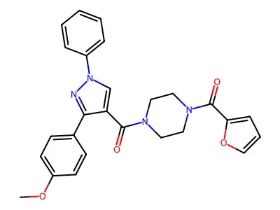 furan-2-yl-[4-[3-(4-methoxyphenyl)-1-phenylpyrazole-4-carbonyl]piperazin-1-yl]methanone structure