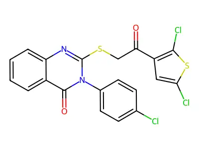 3-(4-chlorophenyl)-2-[2-(2,5-dichlorothiophen-3-yl)-2-oxoethyl]sulfanylquinazolin-4-one structure