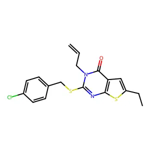 2-[(4-chlorophenyl)methylsulfanyl]-6-ethyl-3-prop-2-enylthieno[2,3-d]pyrimidin-4-one structure