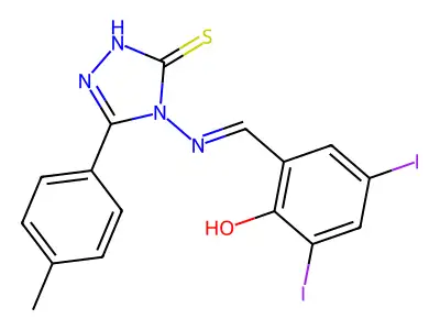 2,4-diiodo-6-({[3-(4-methylphenyl)-5-sulfanyl-4H-1,2,4-triazol-4-yl]imino}methyl)phenol structure