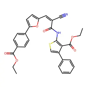 ethyl 2-(2-cyano-3-{5-[4-(ethoxycarbonyl)phenyl]furan-2-yl}prop-2-enamido)-4-phenylthiophene-3-carboxylate structure