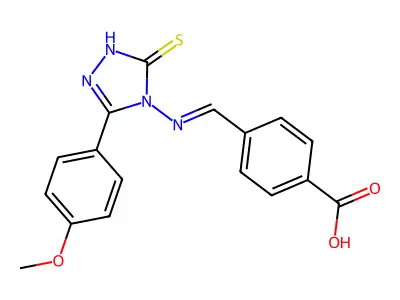 (E)-4-(((3-mercapto-5-(4-methoxyphenyl)-4H-1,2,4-triazol-4-yl)imino)methyl)benzoic acid structure