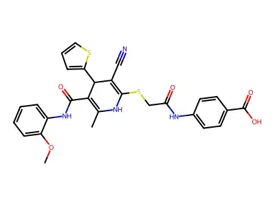 4-(2-((3-cyano-5-((2-methoxyphenyl)carbamoyl)-6-methyl-4-(thiophen-2-yl)-1,4-dihydropyridin-2-yl)thio)acetamido)benzoic acid structure