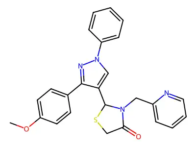 2-[3-(4-methoxyphenyl)-1-phenylpyrazol-4-yl]-3-(pyridin-2-ylmethyl)-1,3-thiazolidin-4-one structure