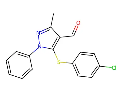 5-(4-Chlorophenyl)sulfanyl-3-methyl-1-phenylpyrazole-4-carbaldehyde structure