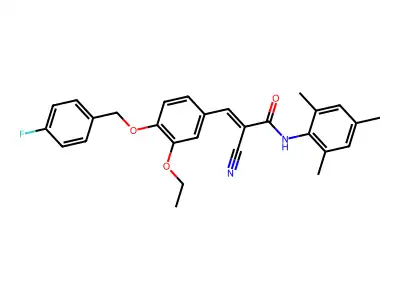 (2E)-2-cyano-3-{3-ethoxy-4-[(4-fluorobenzyl)oxy]phenyl}-N-(2,4,6-trimethylphenyl)prop-2-enamide structure