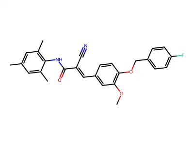 (2E)-2-cyano-3-{4-[(4-fluorobenzyl)oxy]-3-methoxyphenyl}-N-(2,4,6-trimethylphenyl)prop-2-enamide structure
