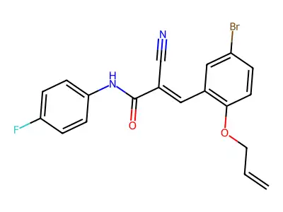 (2E)-3-[5-bromo-2-(prop-2-en-1-yloxy)phenyl]-2-cyano-N-(4-fluorophenyl)prop-2-enamide structure