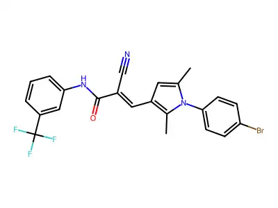 (E)-3-[1-(4-bromophenyl)-2,5-dimethylpyrrol-3-yl]-2-cyano-N-[3-(trifluoromethyl)phenyl]prop-2-enamide structure