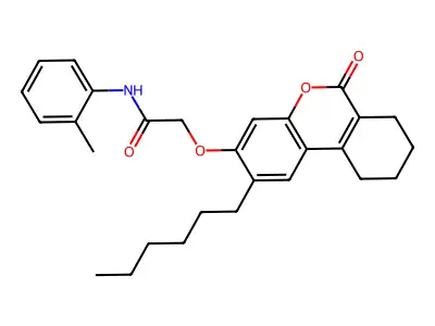 2-[(2-hexyl-6-oxo-7,8,9,10-tetrahydro-6H-benzo[c]chromen-3-yl)oxy]-N-(2-methylphenyl)acetamide structure