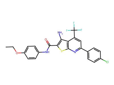 3-amino-6-(4-chlorophenyl)-N-(4-ethoxyphenyl)-4-(trifluoromethyl)thieno[2,3-b]pyridine-2-carboxamide structure