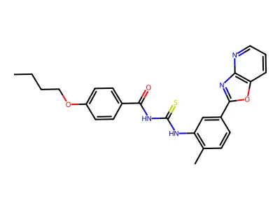 4-butoxy-N-[[2-methyl-5-([1,3]oxazolo[4,5-b]pyridin-2-yl)phenyl]carbamothioyl]benzamide structure