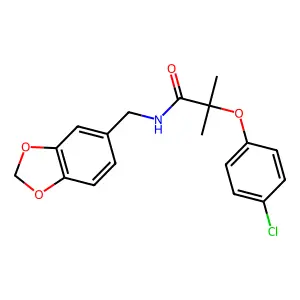 N-(1,3-benzodioxol-5-ylmethyl)-2-(4-chlorophenoxy)-2-methylpropanamide structure