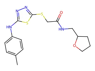 2-[[5-(4-methylanilino)-1,3,4-thiadiazol-2-yl]sulfanyl]-N-(oxolan-2-ylmethyl)acetamide structure