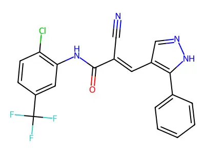 (E)-N-[2-chloro-5-(trifluoromethyl)phenyl]-2-cyano-3-(5-phenyl-1H-pyrazol-4-yl)prop-2-enamide structure
