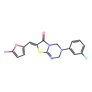 (7Z)-3-(3-fluorophenyl)-7-[(5-iodofuran-2-yl)methylidene]-2,4-dihydro-[1,3]thiazolo[3,2-a][1,3,5]triazin-6-one structure