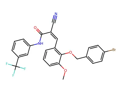 (Z)-3-[2-[(4-Bromophenyl)methoxy]-3-methoxyphenyl]-2-cyano-N-[3-(trifluoromethyl)phenyl]prop-2-enamide structure