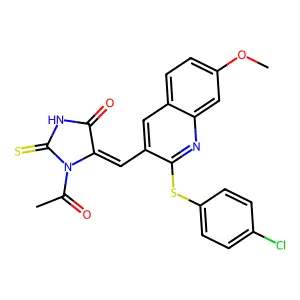 (5Z)-1-acetyl-5-[[2-(4-chlorophenyl)sulfanyl-7-methoxyquinolin-3-yl]methylidene]-2-sulfanylideneimidazolidin-4-one structure