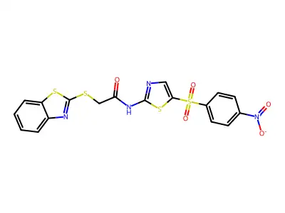 2-(1,3-benzothiazol-2-ylsulfanyl)-N-[5-(4-nitrophenyl)sulfonyl-1,3-thiazol-2-yl]acetamide structure