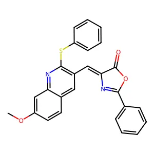 (4Z)-4-[(7-methoxy-2-phenylsulfanylquinolin-3-yl)methylidene]-2-phenyl-1,3-oxazol-5-one structure