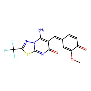 5-amino-6-[(3-methoxy-4-oxocyclohexa-2,5-dien-1-ylidene)methyl]-2-(trifluoromethyl)-[1,3,4]thiadiazolo[3,2-a]pyrimidin-7-one structure