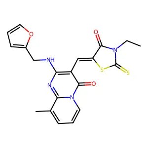 (Z)-3-ethyl-5-((2-((furan-2-ylmethyl)amino)-9-methyl-4-oxo-4H-pyrido[1,2-a]pyrimidin-3-yl)methylene)-2-thioxothiazolidin-4-one structure
