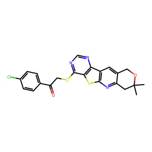 1-(4-chlorophenyl)-2-((8,8-dimethyl-8,10-dihydro-7H-pyrano[3'',4'':5',6']pyrido[3',2':4,5]thieno[3,2-d]pyrimidin-4-yl)thio)ethanone structure