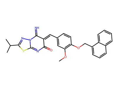 (6Z)-5-imino-6-[[3-methoxy-4-(naphthalen-1-ylmethoxy)phenyl]methylidene]-2-propan-2-yl-[1,3,4]thiadiazolo[3,2-a]pyrimidin-7-one structure