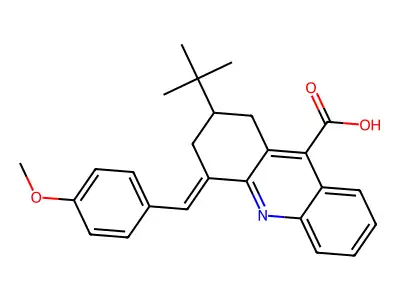 2-tert-butyl-4-[(4-methoxyphenyl)methylidene]-1,2,3,4-tetrahydroacridine-9-carboxylic acid structure
